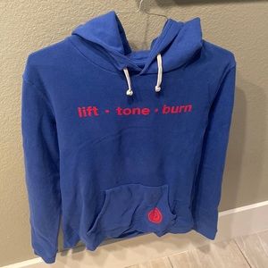 EUC pure barre lift tone burn blue and red hoodie, size M